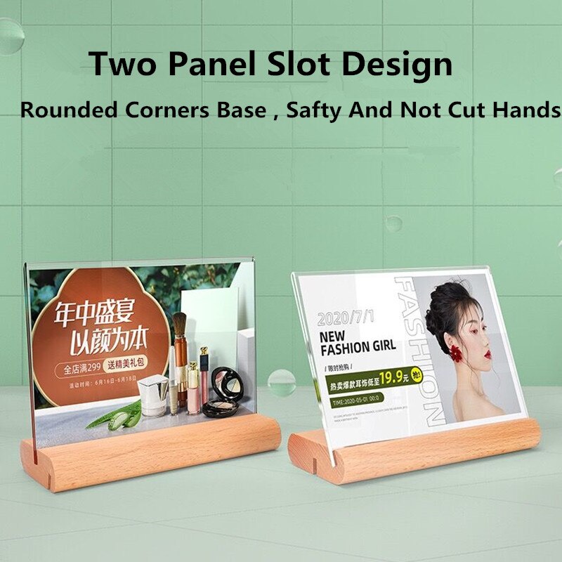 A6 Ronde Houten Basis L Vorm En T Vorm Display Verstelbare Tafel Acryl Menu Papier Teken Houder Display Stand Board