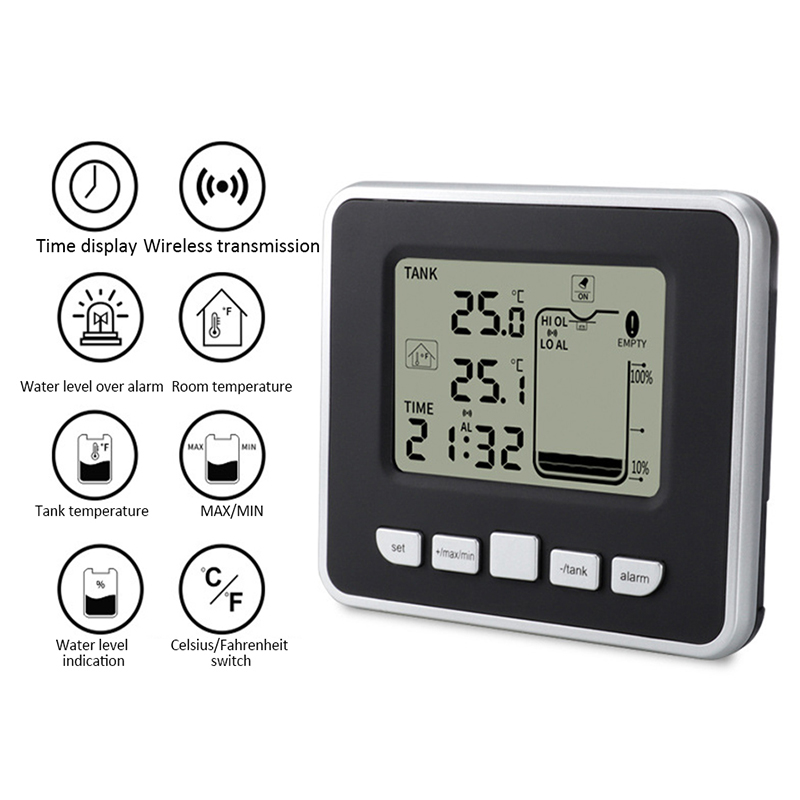 Wireless Ultrasonic Water Level Indicator Gauge Water Tank Sensor Liquid Level Sensor Depth Gauge Temperature Time Display