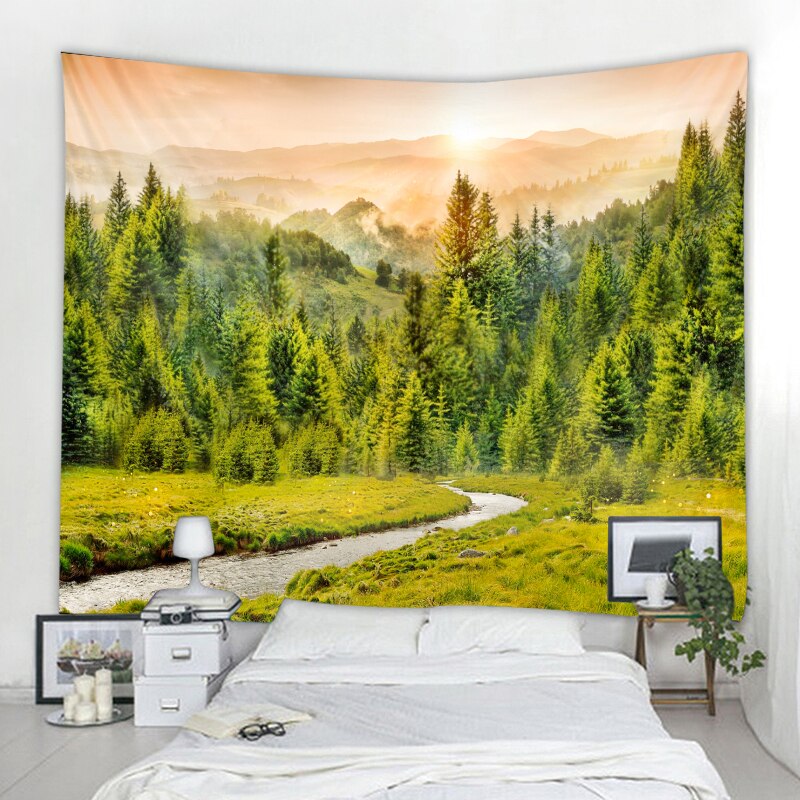 Nature Forest Tapestry Forest Wall Cloth Tapestry in the Sunset Hippie Mandala Tapiz Landscape Home Decoration Tapestry