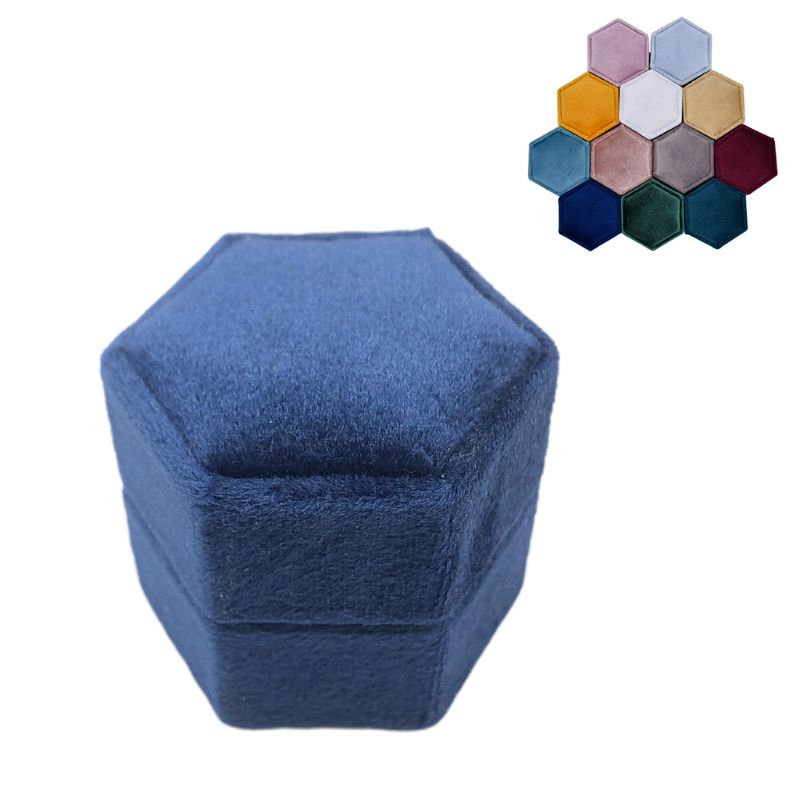 Velvet Double Ring Box Hexagon Wedding Ceremony Ring Box for proposal, engagement, wedding with Detachable Lid