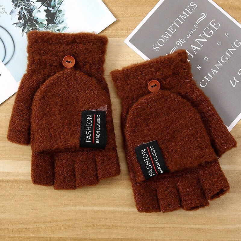 Guantes de invierno de lana acrílica para hombre, manoplas masculinas de felpa gruesas, de punto Jacquard, cálidos, con solapa de medio dedo, para escribir con pantalla táctil, J8: Coffee