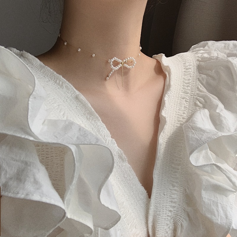 MENGJIQIAO Koreanische Elegante Nette Perle Bowknot Halsband Schmuck Für Frauen Mädchen Fasshion Hochzeit Kette Halskette Schmuckstück Colares