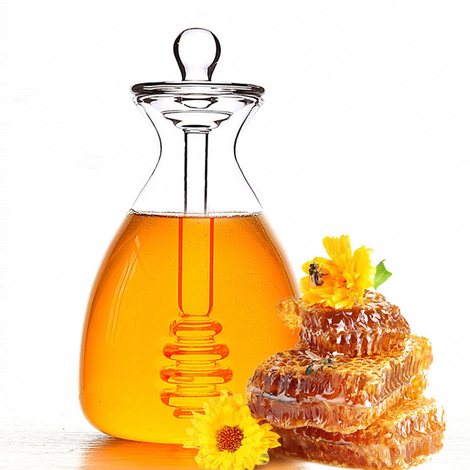 500ML Handmade Honey Jar With Dipper Glass Honey Pot Kitchen Holder Honey Organizer Bottle