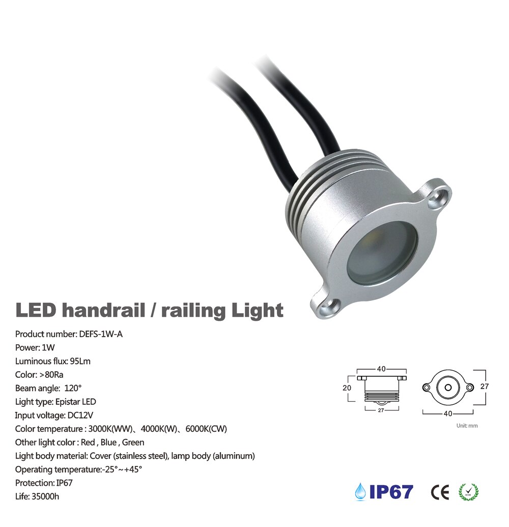 1W LED Rail Lighting IP67 Recessed DownLight 120D Waterproof Handrail Tube Light Landscape Lanmp 4pcs