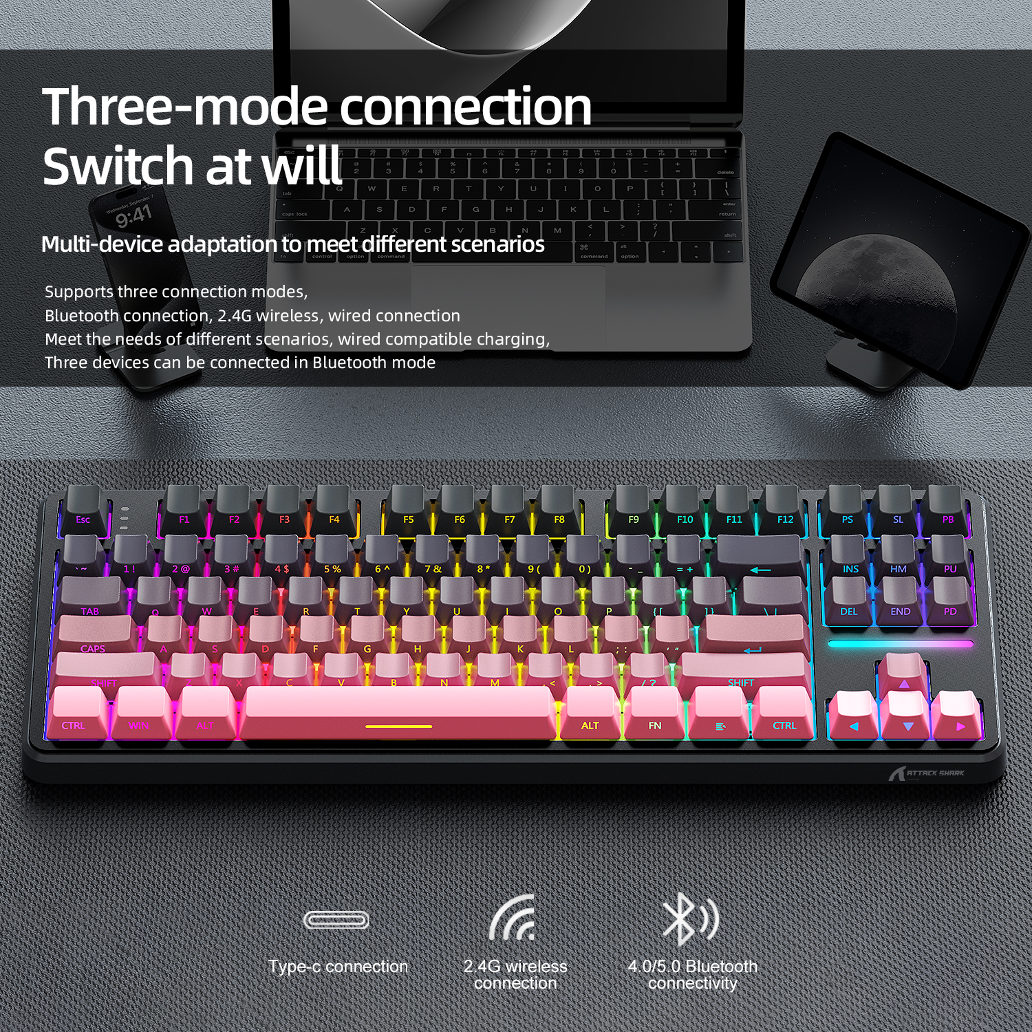 Klawiatura do gier Attack Shark X87 Macro Drive, klawiatura mechaniczna Bluetooth z grawerowaną bokiem półprzezroczystą postacią, RGB, Hot-Swap