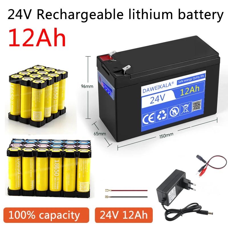 Batería de 24v, paquete de 18650, capacidad real, batería recargable de 12Ah, BMS incorporado para equipo de camping, sistema Solar
