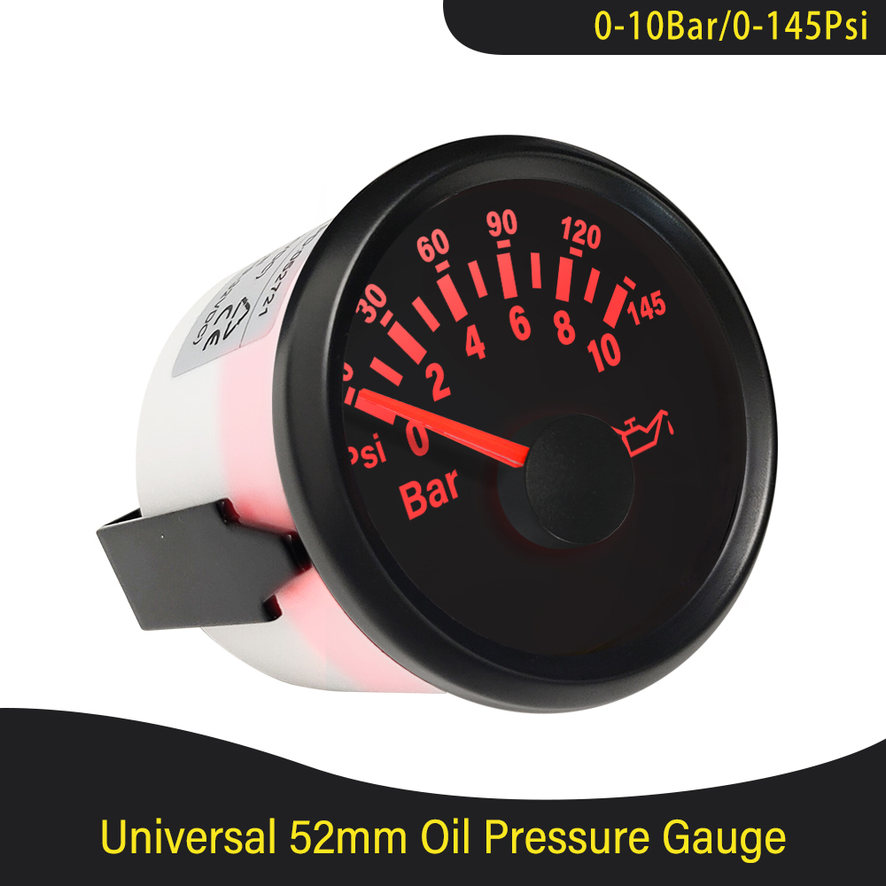 Universal vandtæt 52mm olietryksmåler 0-5 bar 0-75 psi /0-10 bar 0-145 psi med rød baggrundsbelysning 9-32v til bil lastbil båd