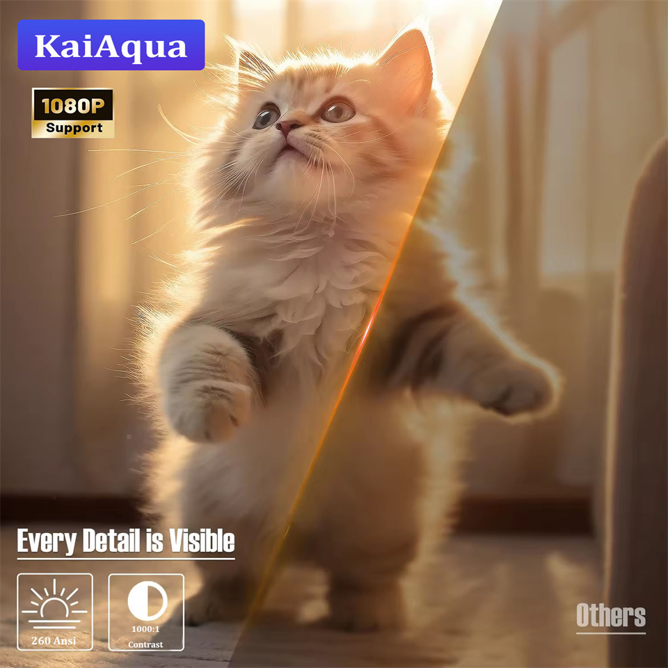 KaiAqua Projector 4K Support 1280*720P FY300 Dual Wifi6 260 ANSI 180° flexible BT 5.0 Cinema Outdoor Portable Mini Projector