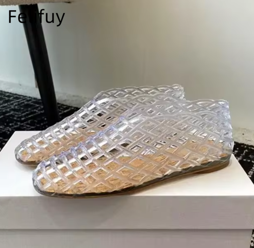 Zapatos de gelatina de malla roja, zapatos de playa con punta redonda hueca, cómodas sandalias transparentes de plástico, novedad de verano, zapatos de gelatinas planos tejidos: Azul / 41