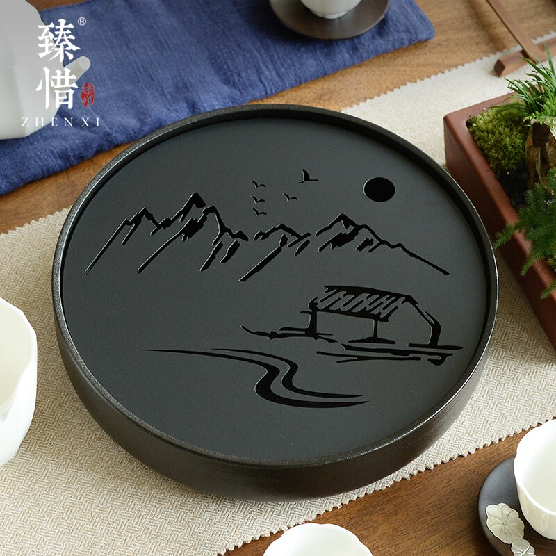 Stainless steel dry tea tray simple household ceramic kung fu tea set round water storage small tea table Japanese tray LB92201