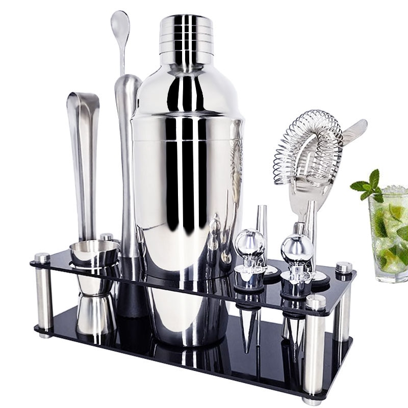 Stainless Steel Cocktail Shaker Muddler Strainer Tong Spoon Pourer Jigger Cork 550/750ml With Wine Rack Cocktail Recipe