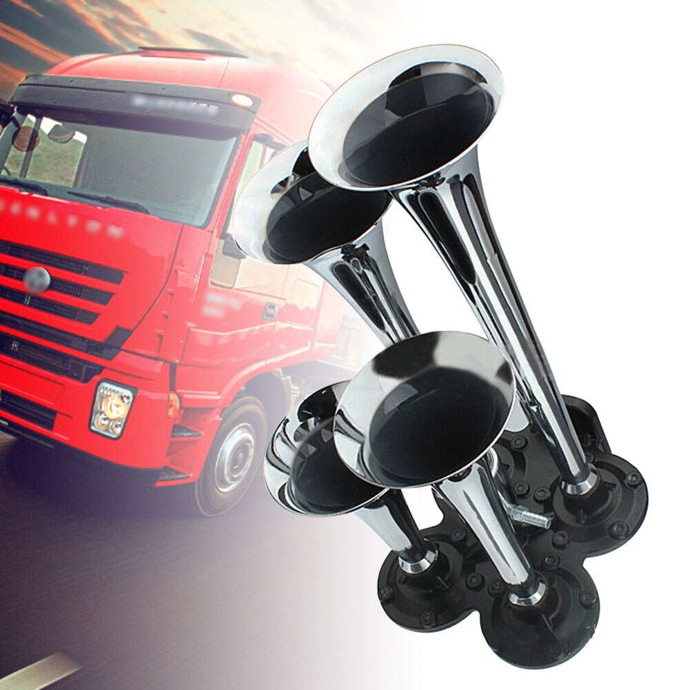 Quad 4 Air Horn Four Trumpet 120dB Loud 12-24 Volt Car Truck Metal Durable