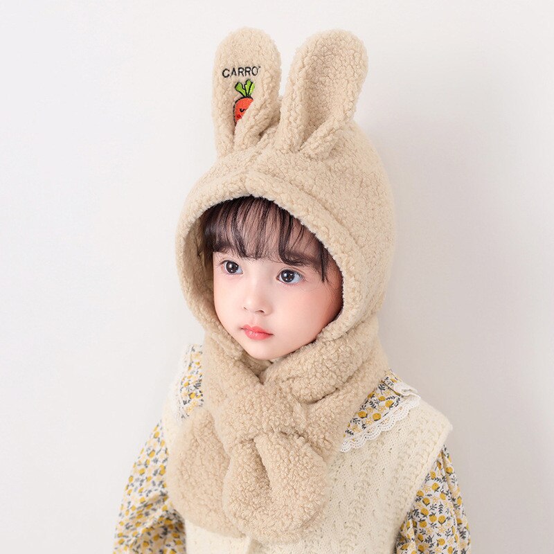 Kindermuts met konijnenoren, kindermutsen, muts en sjaal, meisjesset met katoenen oorbeschermers, kartonnen muts, winterwarm, 1-5t roze