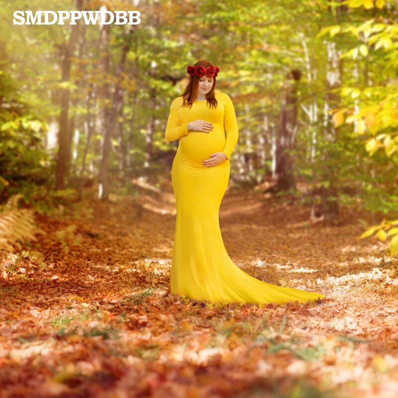 Smdppwdbb mammaklänning för fotografering mammaklänning baby duschklänning maxi monterad gul mammaklänning lång ärm