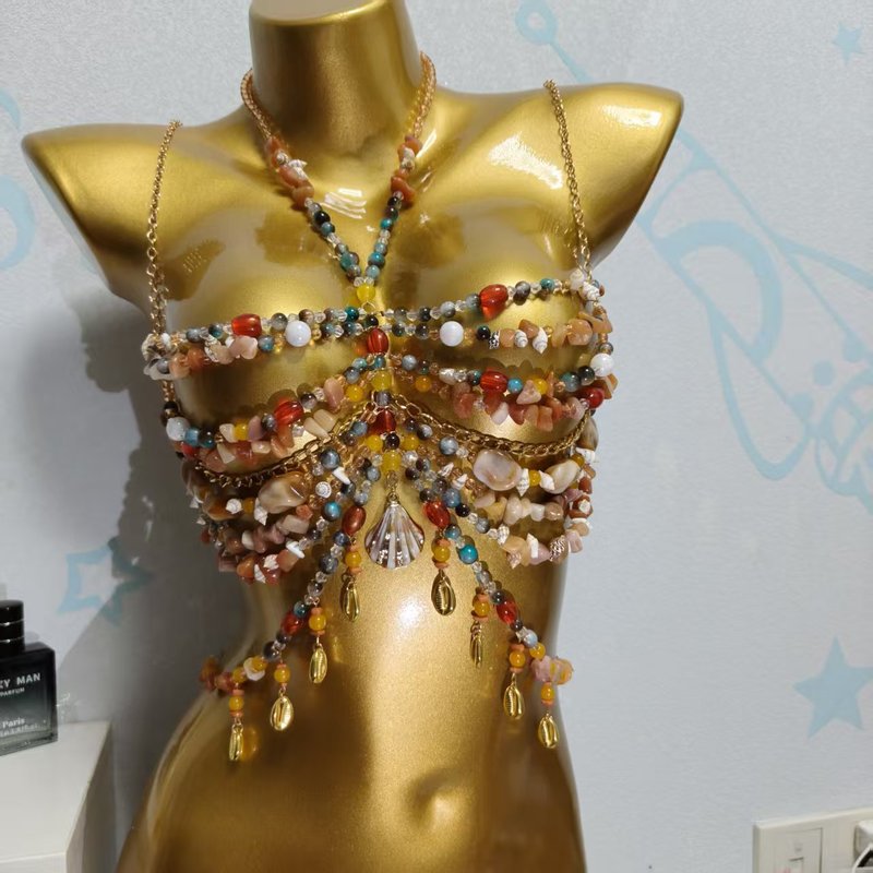 BELLARAVE Womens Handmade Beaded Bra Halter Body Chain Chest Chain Tank Top Festival Party Jewelry Accessories