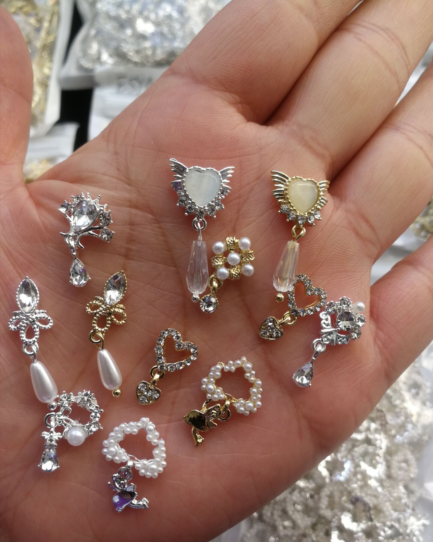10pcs-Heart Jewelry Nail Dangle Charms Angel With Pearls+Rhinestones Decors For Acrylic Nails 18 Manicure Decorations #F2