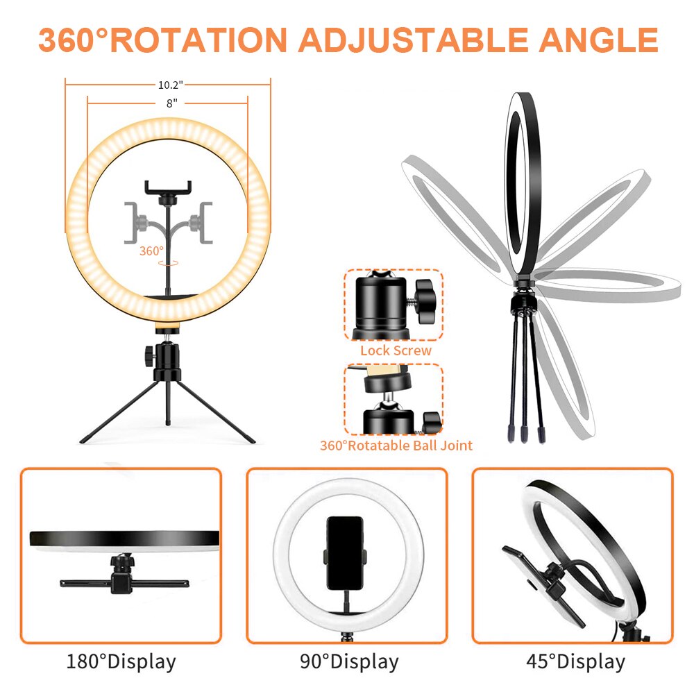 Ring light de led com tripé, ajustável, para selfie, com usb, lâmpada para fotografia, vídeos, maquiagem, lives e estúdio