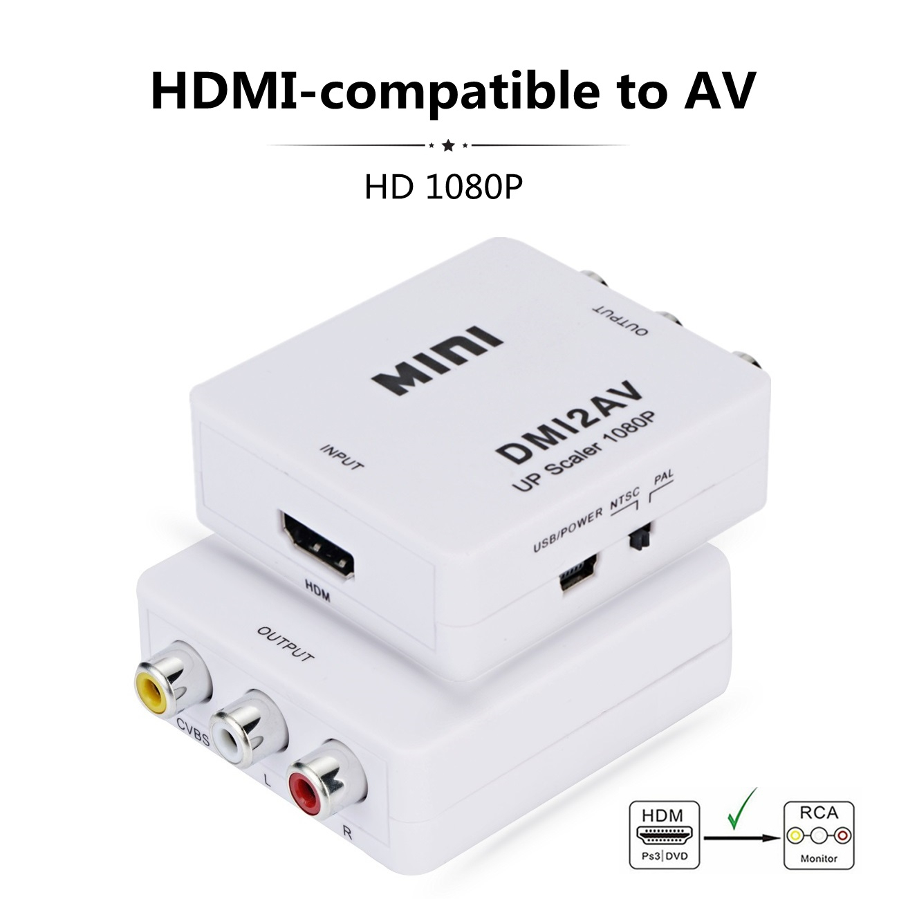 Hdmi-kompatibel til rca konverter av/cvsb l/r videoboks  hd 1080p hdmi 2av understøtter ntsc pal output hdmitoav