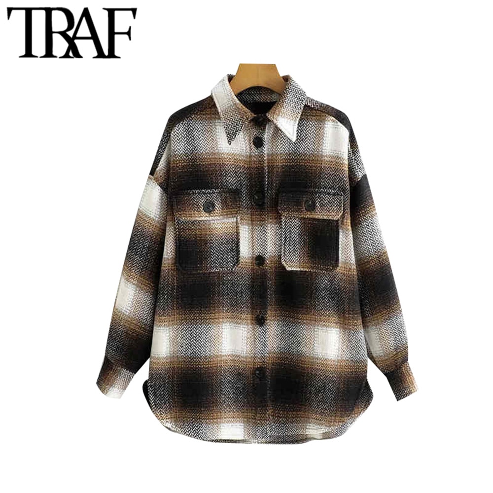 TRAF-Chaqueta de lana a cuadros para mujer, chaqueta holgada de lana de gran tamaño con bolsillos y manga larga, Estilo Vintage