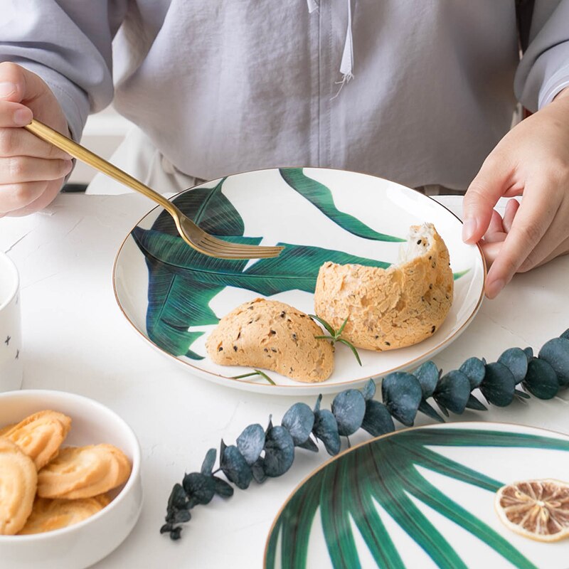 1pc gröna blad mattallrik europeisk stil keramiska rätter servis pasta tallrik fin porslinsform 8 tum