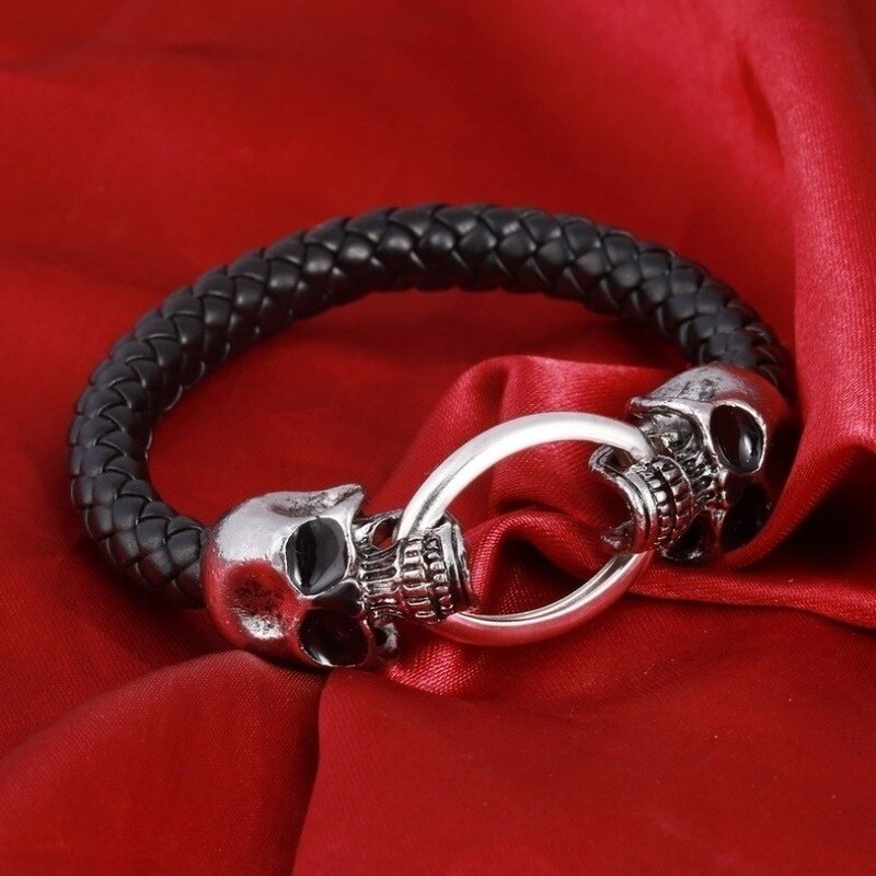 Punk Black Braided Leather Bracelet Stainless Steel Skull Magnetic Clasp Bracelet Bracelet Men's Birthday Christmas