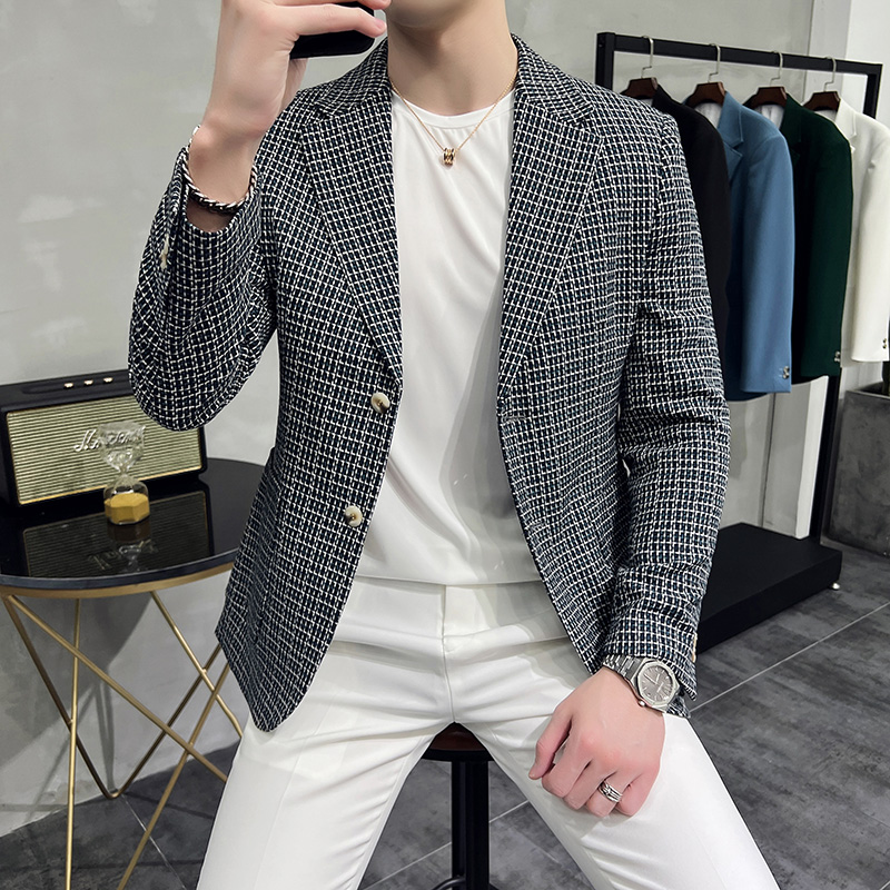 Blazer a cuadros de estilo británico para hombre, traje informal de negocios, chaqueta Formal para de boda, 2022