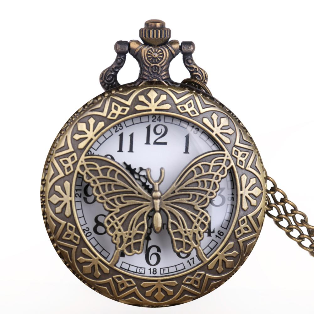 Quartz Pocket Watch Steampunk Necklace Chain Butterfly Pattern Retro Style Fob Pocket Watches Clock for Mens Womens