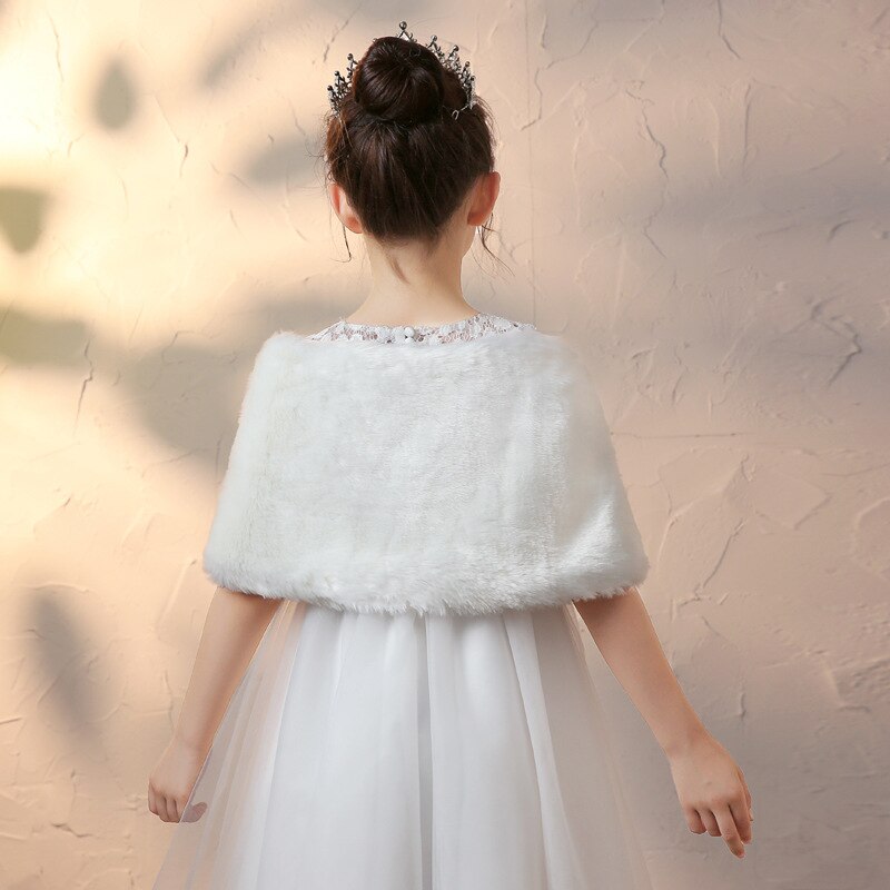 Veste en fausse fourrure blanche pour enfants, Cape de mariage pour filles, enveloppes de robe de Communion, Cape boléro d&#39;hiver, veste avec broche châle
