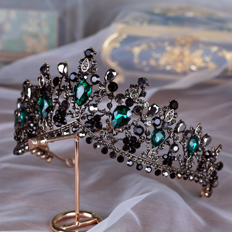 Luxe gouden rode strass bruids tiara's kroon vintage barok kristal diadeem voor bruiden hoofdbanden bruiloft haaraccessoires: Bronsgroen