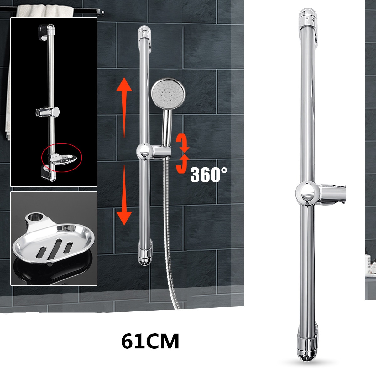 61cm rustfrit stål krom bruser riser rail sæt justerbar bruser skydestang til badeværelse brusehoved holder stigerør beslag