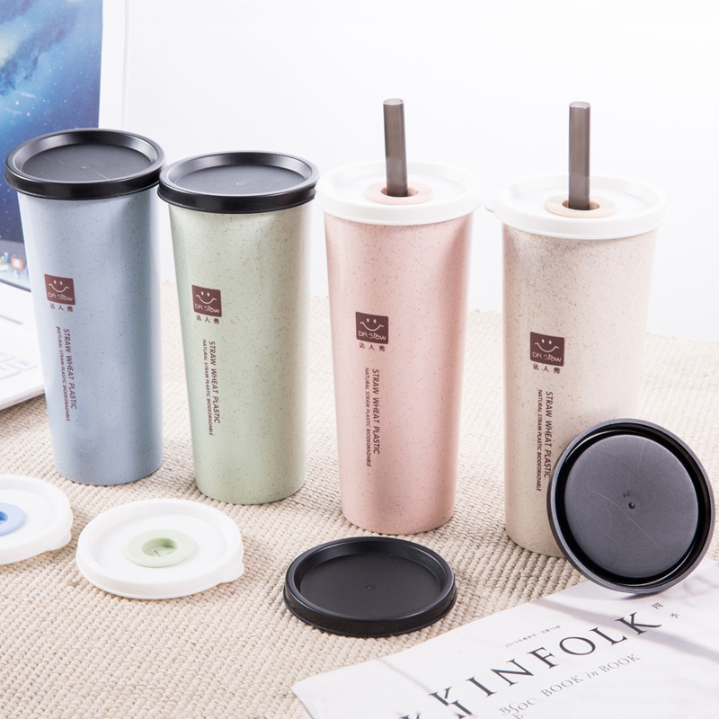 1PC Einfache Weizen Stroh Tasse Mit Deckel Tasse Schüler Tragbare Tote Reise Tasse Kunststoff Trinkwasser Tasse Kaffee Flasche für freundlicher Rohr