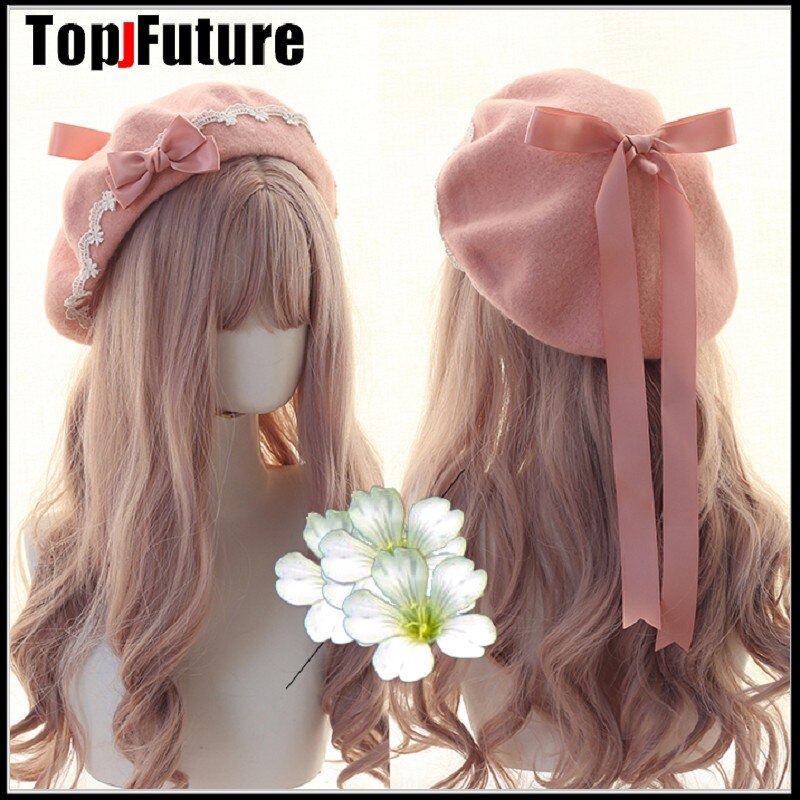Japanse Meisje Kawaii Baret Hoed Lolita Tiener Hart Zoete Wollen Handgemaakte Leuke Lace Strik Warm Winter Schilder Hoed Hoofdtooi: pink2