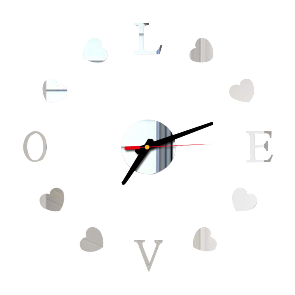 Liefde Klok Spiegel Acryl Home Decor Diy Eenvoudige Frameloze Wandklok Moderne Horloges 3d Sticker Diy Woonkamer Deco # J: Zilver