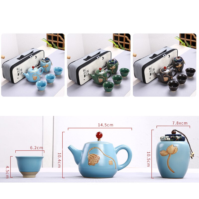 Portable Chinese Tea Set Ceramic Teapot Leaves Jar 3 Porcelain Tea Cups with Carrying Case FQ-ing