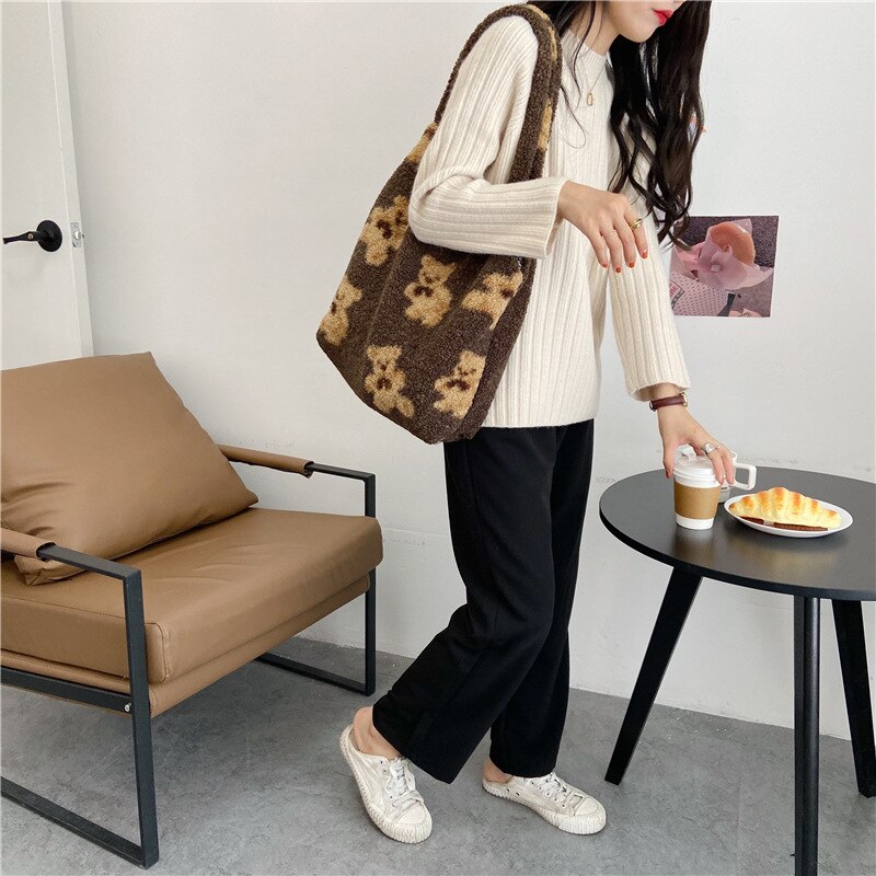 Vrouwen Lam Achtige Stof Schouder Draagtas Canvas Pluizige Bont Beer Handtassen Grote Capaciteit Zachte Boodschappentassen Meisjes Leuke School tas
