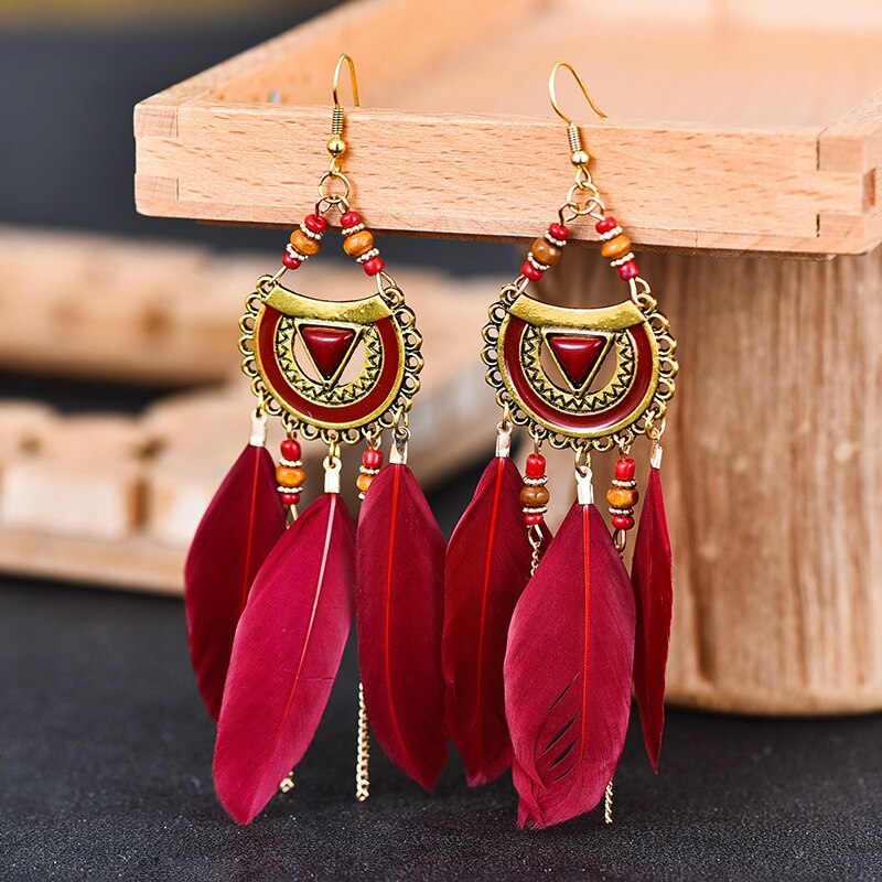 Pendientes colgantes de plumas bohemios para mujer, aretes largos de cuentas con borlas, joyería para , banquete,: E1511-7