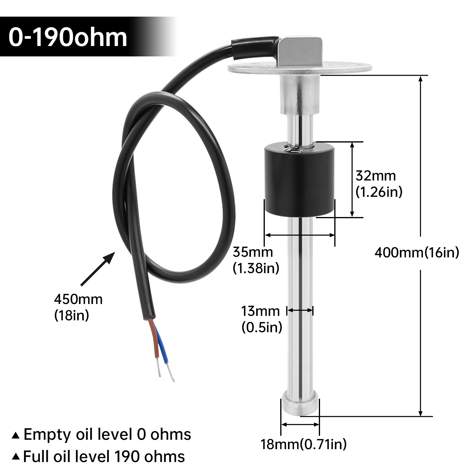 125/175/225/275/325/375/425mm Fuel Level Gauge Sensor Fuel Sender Unit Fit fuel gauges water level meter 0-190/240-33ohm: green
