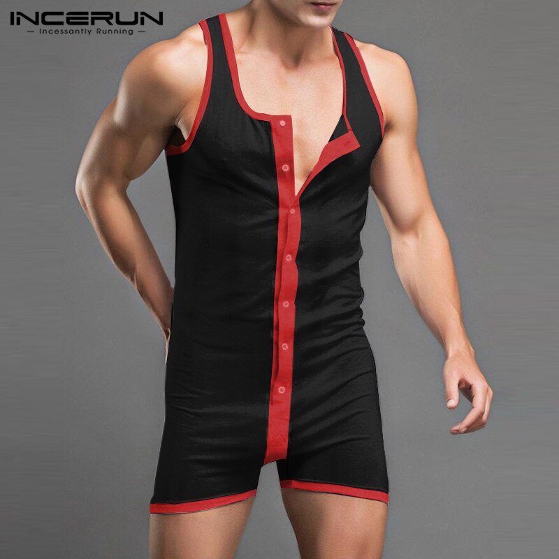 INCERUN Patchwork Onesies Casual Button Jumpsuit Sleepwear Men Sleeveless Romper Pajamas Summer Man Fitness Homewear 5XL