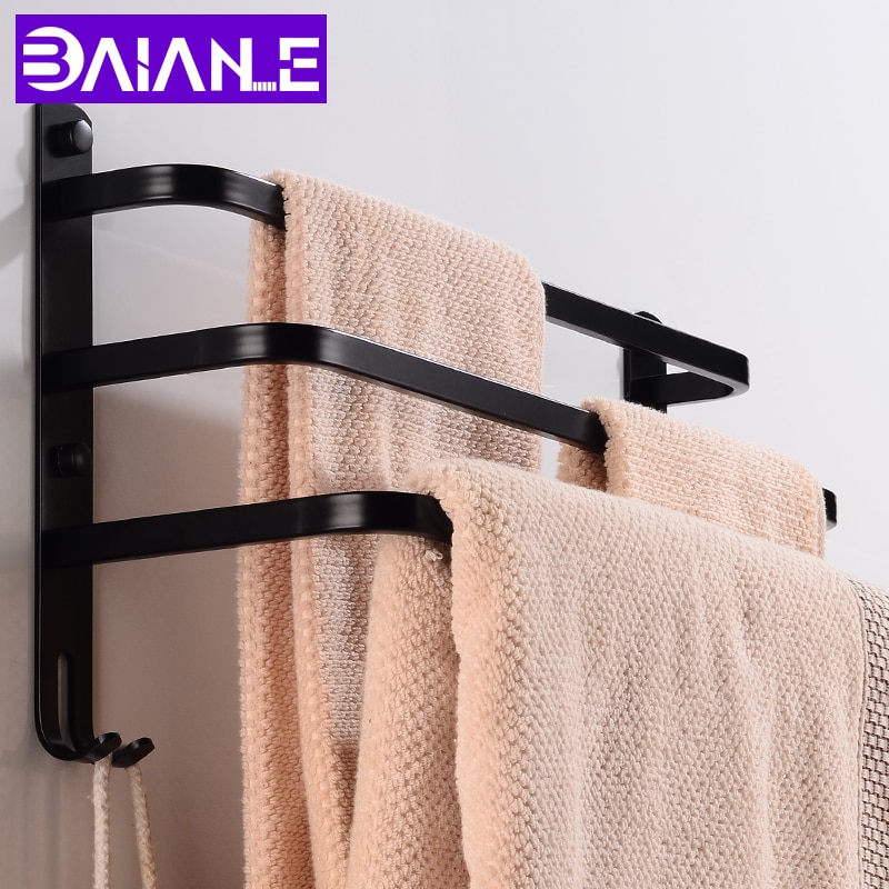 Badeværelse håndklædestang holder sort aluminium trelags håndklædestativ vægmonteret håndklædestang bøjle med kroge badeværelse hylde bruser