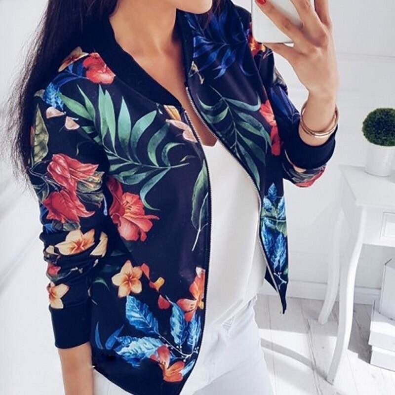 Women Floral Jackets Spring Summer Long Sleeve Zipper Print Bomber Jacket Casual Pocket Slim Female Outwears Plus Size