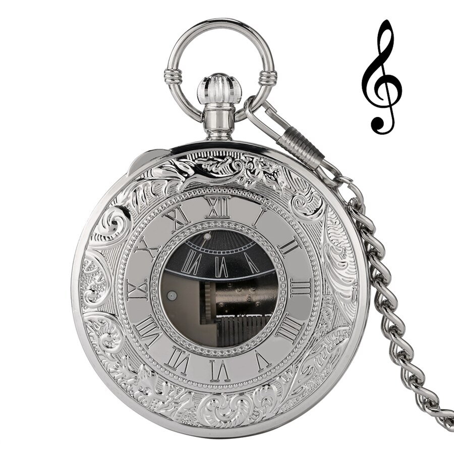 Reloj de bolsillo con movimiento Musical de plata de lujo, pulsera de mano de cuarzo con manivela para reproducir música, Fob, cadena colgante, de Año: silver