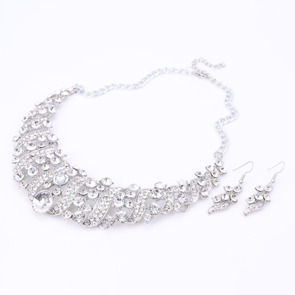 Mode Vrouwen Bruiloft Kettingen Sets Vintage Kraag Rhinestone Crystal Choker Kettingen Etnische Maxi Sieraden Sets: White Silver