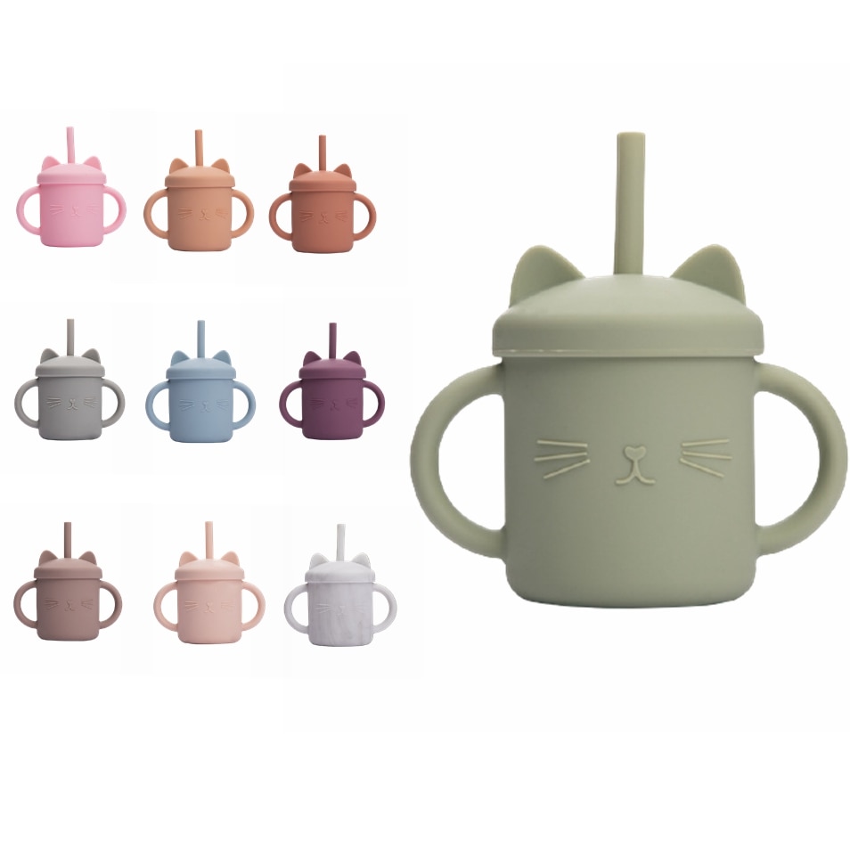 2PCS Baby Feeding Cups Silicone Drinkware Cute Cartoon Cat Sippy Cup For Toddlers Kids Sippy Cup Lids Solid With Handle Drinker