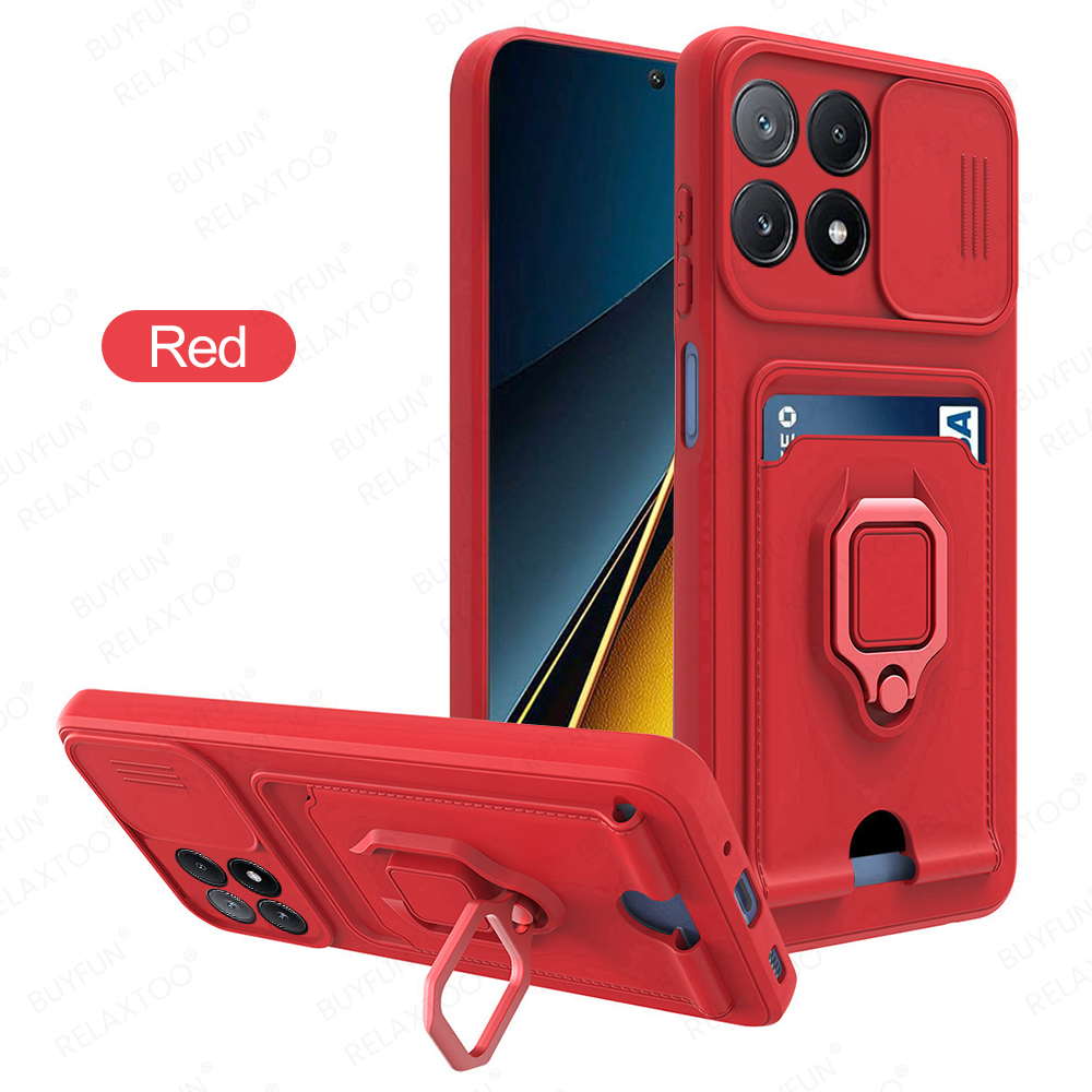 Slide Camera Lens Protection Case For Xiaomi Poco X6 Pro Card Slot Stand Holder Magnetic Cover Coque PocoX6 Little X6Pro X 6 5G: aluminum / black