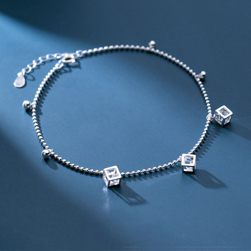 Decoratie Op Voet Enkelbandje Armband Op De Been Voet Vrouwen Zilver 925 Been Ketting Sieraden Ronde Kralen Zirkoon geometrie Kubus