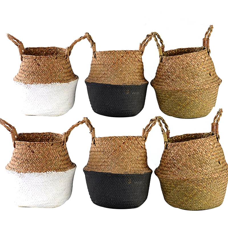 Folding Handmade Storage Basket Decorative Rattan Plant Flower Pot Woven Wicker Belly Laundry Basket Home Decor