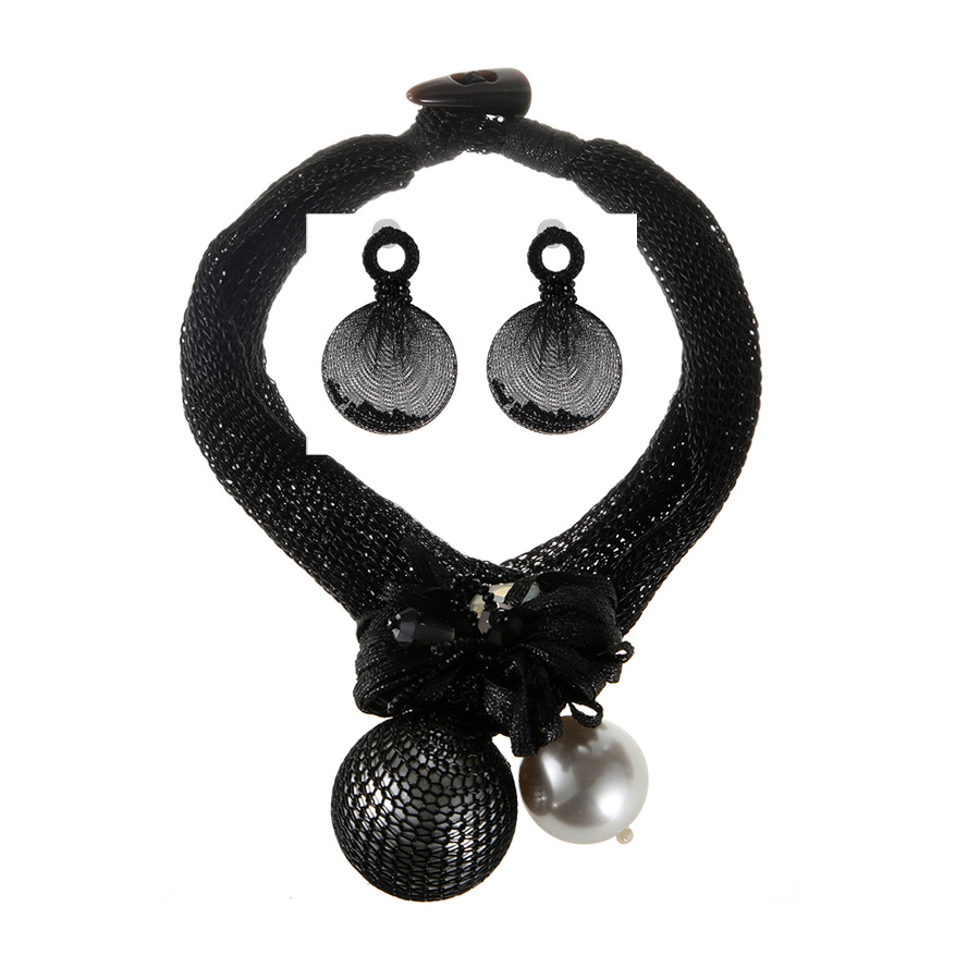 Meetvii Overdreven Grote Gesimuleerde Parel Bal Hanger Ketting Oorbellen Voor Vrouwen Gothic Gaas Touw Verklaring Sieraden Set: Black
