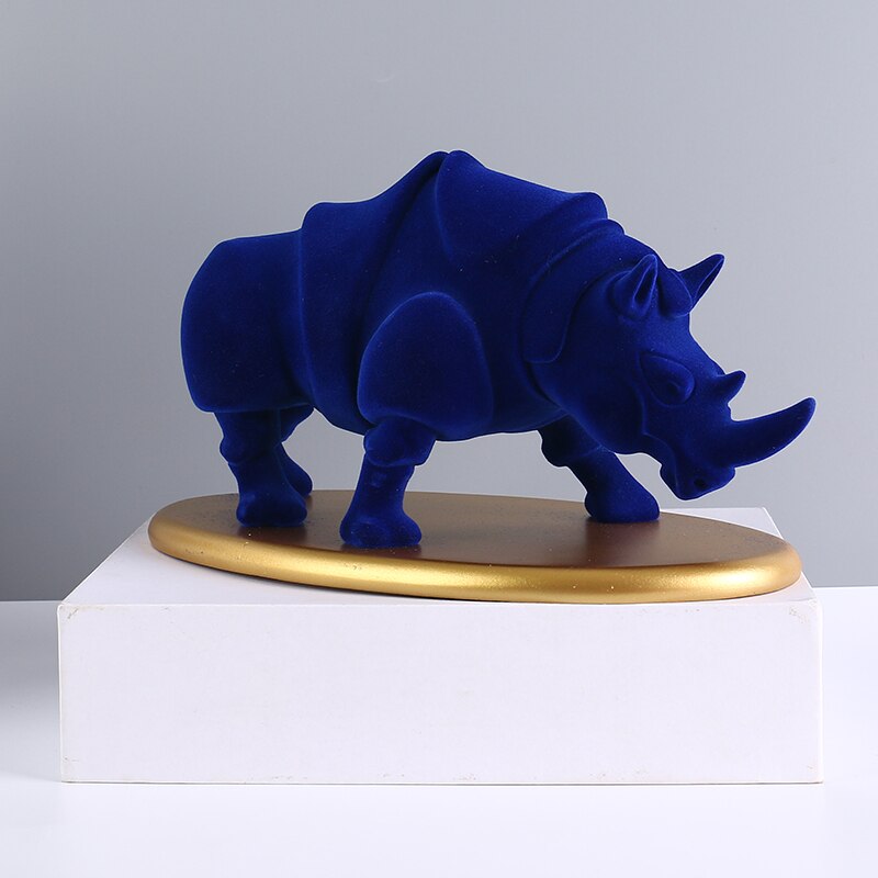 Rhino Statue Figurines Europe Modern Animal Rhinoceros Resin Sculpture Ornaments Home Office Decor Ox Desktop Art Crafts: Blue Flocking Model