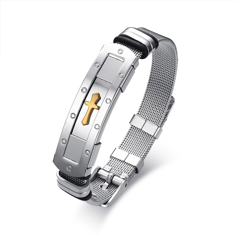 ZORCVENS – ceinture en maille d&#39;acier inoxydable pour hommes, 12mm, Bracelet de montre, croix, breloque, chrétien, fermoir à boucle réglable
