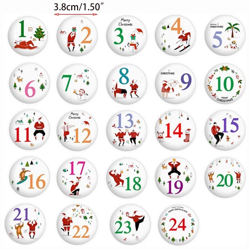 24Pcs Merry Christmas Button Pins Advent Calendars Numbers Label Plastic Badges Brooch for DIY Xmas Bag Decoration